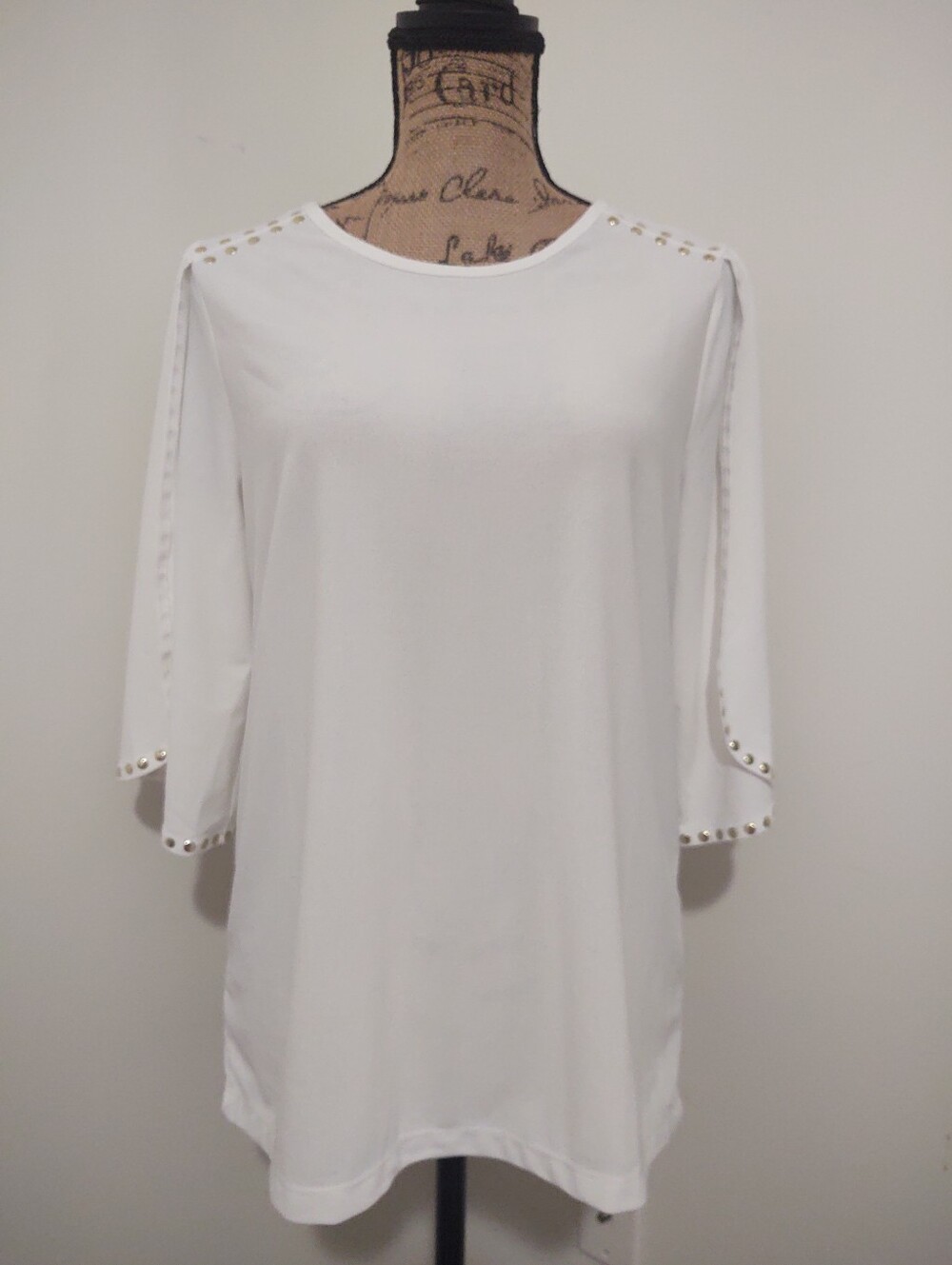 Robert Louis White 3/4 Sleeve Top with Gold Stud Trim | Small - Picture 2 of 7